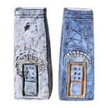 TROIKA, A NEAR PAIR OF ART POTTERY SLAB VASES Tapering form with textured design, signed and