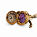 AN UNUSUAL 19TH CENTURY VICTORIAN YELLOW METAL & CARNELIAN SWIVEL BALL FOB, COMPASS & LOCKET (YELLOW