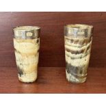 Two large Georgian silver-mounted horn beakers - both rim mounts crested, both beakers of tapered
