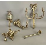 A small collection of brass lighting - to include a 19th century gilded brass single swivel arm wall