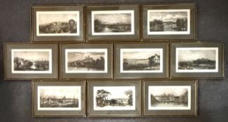 Ten 19th century topographical engravings with hand colouring - all framed and glazed, including: 1.