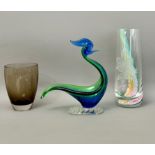 Three pieces of 20th century art glass and other glassware - comprising a Murano blue and green