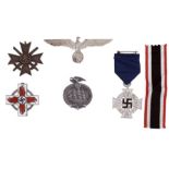 Three German WW2 Third Reich medals and two badges - 1. a 1939 War Merit Cross. 2. a Civil Service