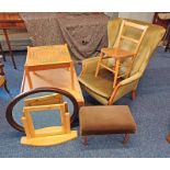 TEAK FRAMED PARKER KNOLL WINGBACK ARMCHAIR, OAK DRESSING TABLE MIRROR, TEAK COFFEE TABLE ETC.
