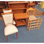 TEAK OPEN BOOKCASE, BEECH DINING CHAIR WITH ROPEWORK SEAT, BEECH WINE RACK,