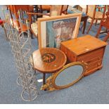PINE CABINET WITH TAMBOUR DOOR OVER SINGLE DRAWER, GILT OVAL MIRROR, PAIR OF WINE RACKS ETC.