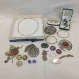 SELECTION OF VARIOUS COSTUME JEWELLERY INCLUDING BANGLES, BUTTONS, EARRINGS, PLAID BROOCHES,