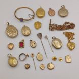 SELECTION OF VARIOUS LATE 19TH OR EARLY 20TH CENTURY OVAL & HEART SHAPED LOCKETS, WATCH CHAIN,