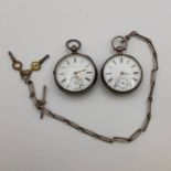 2 SILVER OPENFACE POCKETWATCHES & SILVER WATCH CHAIN