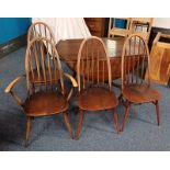 ERCOL DROP LEAF DINING TABLE & SET OF 4 QUAKER DINNING CHAIRS INCLUDING 1 ARMCHAIR - 113 CM LONG