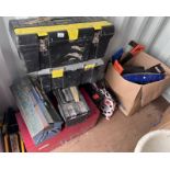 RED TOOL BOX WITH LIFT UP LID, SELECTION OF VARIOUS TOOL BOXES WITH CONTENTS OF TOOLS, SAWS,
