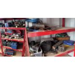 SELECTION OF TOOLS AND FITTINGS TO INCLUDE DRILLS, SANDER, PLANE, JUMP LEADS, TOOL BOXES,