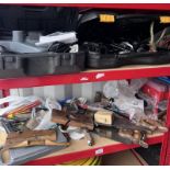 SELECTION OF TOOLS TO INCLUDE VINTAGE SAWS, SPOKE SHAVE, DRILL, ROTARY CUTTER IN CASE,