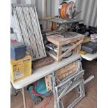TABLE SAW, TOOL BOX, BOSCH LAWN MOWER, WORK STAND, EINHELL ROUTER,