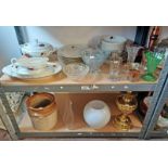 LEAF DECORATED PORCELAIN DINNERWARE, BRASS PARAFFIN LAMP WITH SHADE,