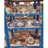 19TH CENTURY ENGLISH PORCELAIN BLUE & WHITE TEAPOT, AIR TWIST STEMMED GLASSES, PAIR WALL LIGHTS,