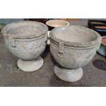 PAIR OF RE-CONSTITUTED STONE GARDEN URNS
