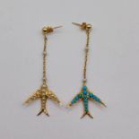 PAIR OF EARLY 20TH CENTURY SEED PEARL & TURQUOISE SWALLOW EARDROPS - 4.7G. 5.