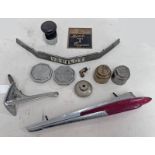 FORD CAR MASCOT / HOOD ORNAMENT, FORD MODEL T REGISTER PLATE, FORD HUB CAPS, V8 PILOT BADGE,
