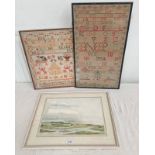 2 FRAMED 18/19TH CENTURY NEEDLEWORK SAMPLERS AND A SYD WALKER WATERCOLOUR OF NORTH ESK RIVER TOWARD
