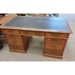 LATE 19TH CENTURY OAK TWIN PEDESTAL DESK WITH INSET TOP & 9 DRAWERS,