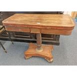 19TH CENTURY ROSEWOOD TURNOVER PEDESTAL GAMES TABLE WIT ORNATE BRASS FITTINGS & INLAY,