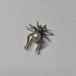 GOLD PEARL, RUBY & DIAMOND SPIDER BROOCH - 3CM LONG, 6.