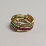 18CT GOLD EMERALD, RUBY & DIAMOND SET DAY OR NIGHT RING,