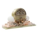 An Art Deco Green Onyx and Marble Mantel Clock, circa 1930, lunette shaped arch, central chrome