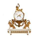 A French Bronze Ormolu White Marble Striking Mantel Clock, circa 1890, case surmounted by a