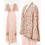 Edwardian Pink Silk Evening Dress with boat shaped neckline, short sleeves, mounted with a