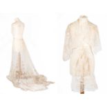 Early 20th Century Cream Lace Skirt Mount, on a cream silk waistband embroidered with tulip style