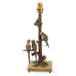 A Cold Painted Bronze Table Lamp, circa 1920, cast as a tree and with three budgerigars perched