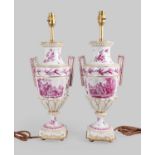 A Pair of French Faience Vases, late 19th century, mounted as table lamps, with square angular