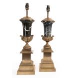 A Pair of Gilt-Metal-Mounted Marble Urn Form Table Lamps, 20th century, with loop handles cast