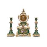 A French Porcelain Striking Mantel Clock Garniture, Jacob Petit, 19th century, green and gilt
