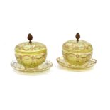 A Pair of Bohemian Green Glass Bowls, Covers and Stands, 23cm diameter Sold un dated.  No cracks.