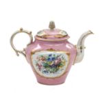 A Sèvres-Style Porcelain Teapot and Cover, circa 1900, decorated with 18th century figures on a pink