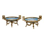 A Pair of Sèvres-Style Porcelain Plates Mounted with Gilt-Metal Stands, early 20th century, bleu