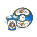 A Sèvres Porcelain Chocolate Cup, Cover and Stand, 18th century, bleu celeste ground, gilded and