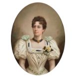 H* Schaf (fl.1890s) German Portrait of a lady, three-quarter length, standing, wearing a white satin