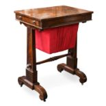 A Regency Rosewood Work Table, the rectangular top with side drawer, over a work bag, on twin scroll