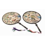 Pair of Early 20th Century Chinese Face Screens or Palace Fans worked on cream silk and