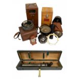 A First World War Ottway Sighting Telescope No.9 Mark II, numbered 1028 and dated 1918, in a wood