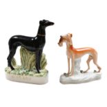 A Staffordshire Pottery Greyhound, 19th century, titled M. Grath (McGrath), together with another (
