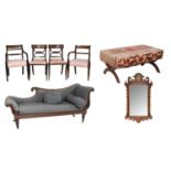 A Victorian Mahogany Chaise Lounge, together with four various Regency dining chairs including two