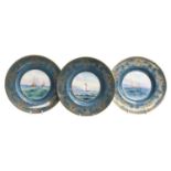 Three Royal Worcester Porcelain Plates, 1933/1934, by Raymond Rushton, powder blue ground, painted