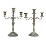 A Pair of Modern Patinated Metal Three Light Candelabra, 62cm bigh