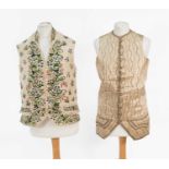 Late 18th Century Cream Silk Waistcoat with round neck, long-line, embroidered with pink and green