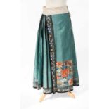 19th Century Chinese Green Figured Silk Skirt embroidered with panels and sprigs of decorative